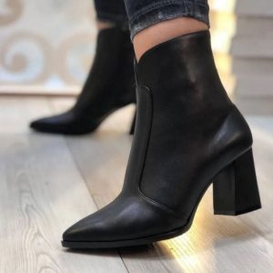 نیم بوت زنانه پاشنه ۵ سانت چرم مصنوعی رنگ مشکی و عسلی